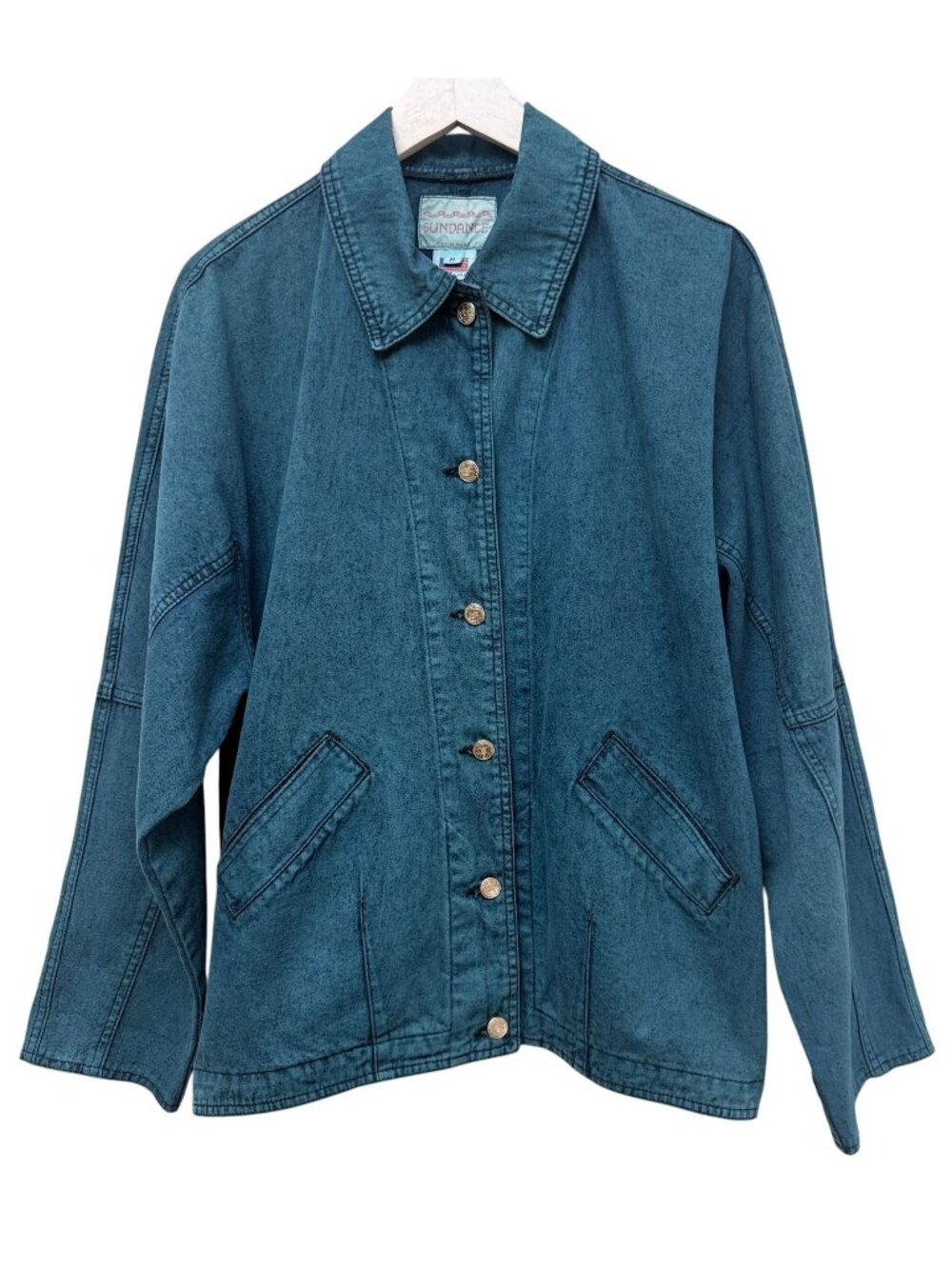 Vintage Sundance Denim Jacket Medium Teal Blue Button-Front Acid Wash 80s 90s - Picture 1 of 8